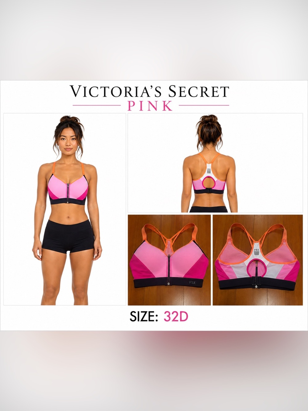 PINK Victoria's Secret Pink and Orange Colorblock Zip-Front Sports Bra Size 32D